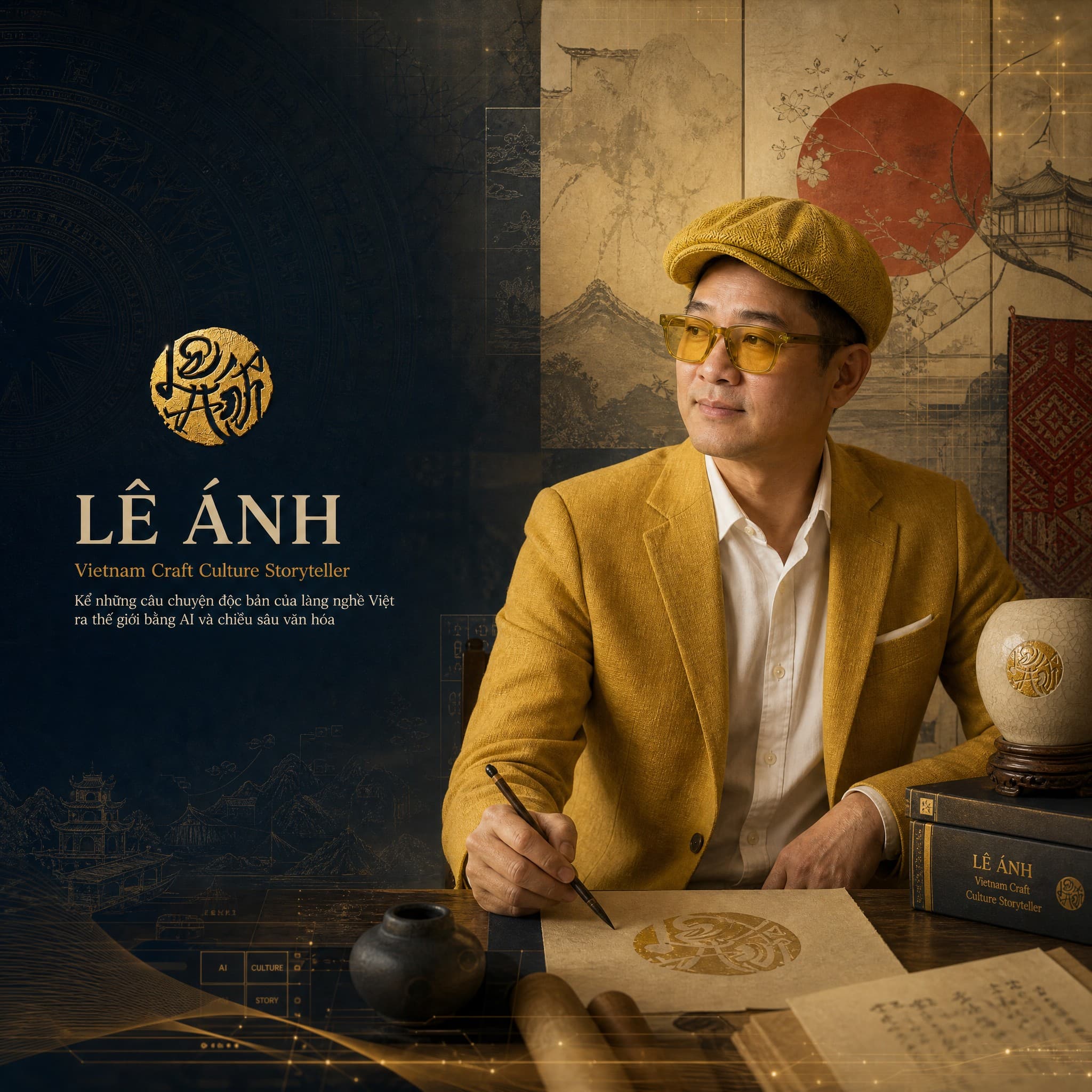 Chân dung người kể chuyện văn hóa trong không gian làng nghề Việt với ánh sáng tự nhiên và chất liệu thủ công
